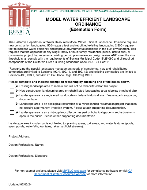 First page of the Model Water Efficient Landscape Ordinance Exemption Form