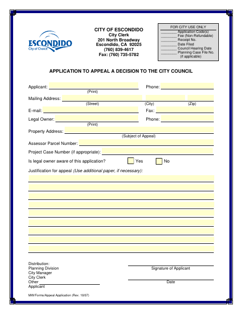 First page of the Appeal of Planning Commission Decision to City Council