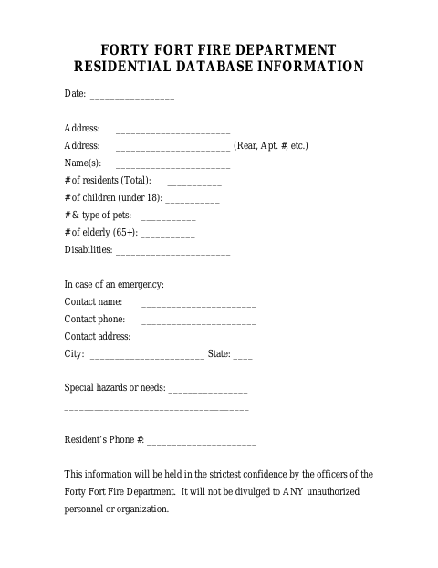 First page of the Residential Database Information