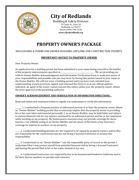 First page of the Property Owner’s Package Disclosures & Forms for Owner-Builders Applying for Construction Permits