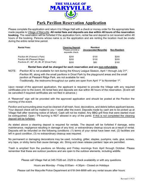 First page of the Park Pavilion Reservation Application