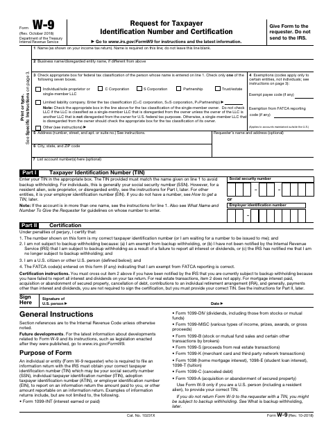 First page of the Request for Taxpayer Identification Number and Certification