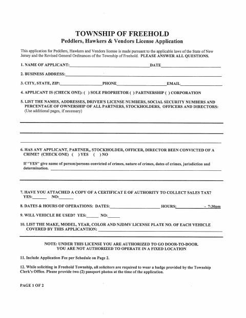 First page of the Peddlers, Hawkers and Vendors License Application