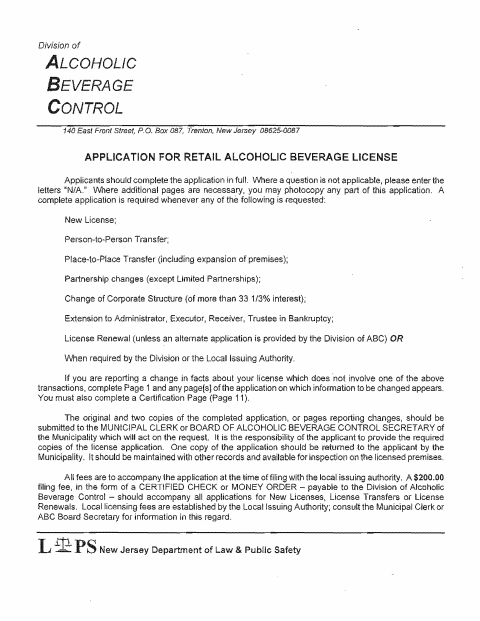 First page of the Retail Alcoholic Beverage License Application