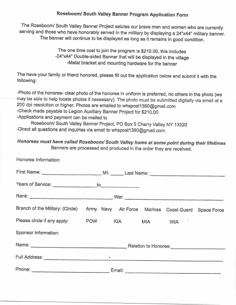 First page of the Roseboom/South Valley Banner Program Application