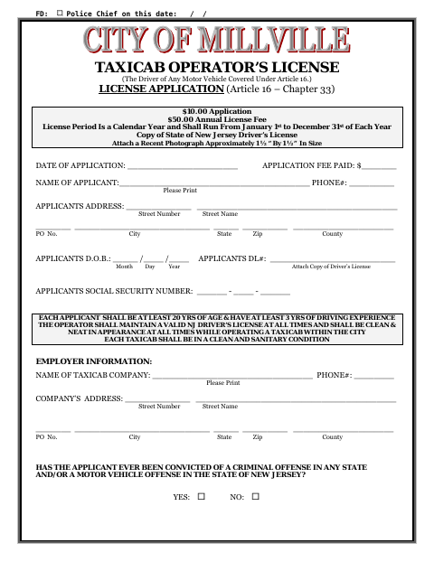 First page of the Taxicab Operator’s License Application