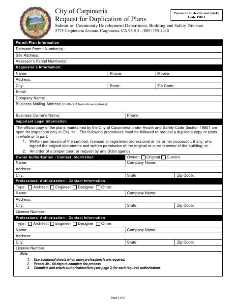 First page of the Request for Duplication of Plans