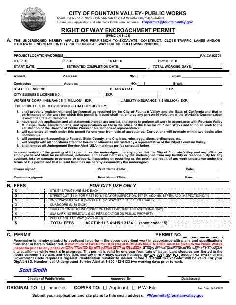 First page of the Right of Way Encroachment Permit