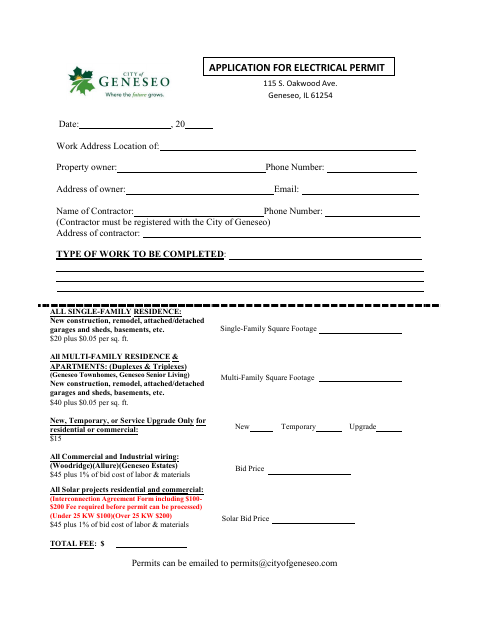 First page of the Application for Electrical Permit