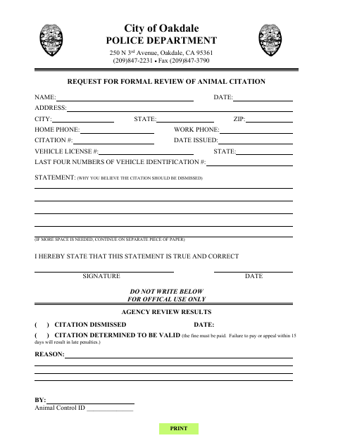First page of the Request for Formal Review of Animal Citation