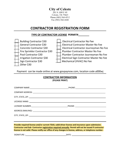 First page of the Contractor Registration Form