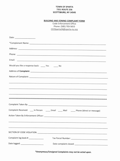 First page of the Building and Zoning Complaint Form