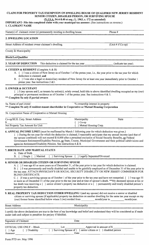 First page of the Property Tax Exemption Claim for Senior Citizens, Disabled Persons, or Surviving Spouses