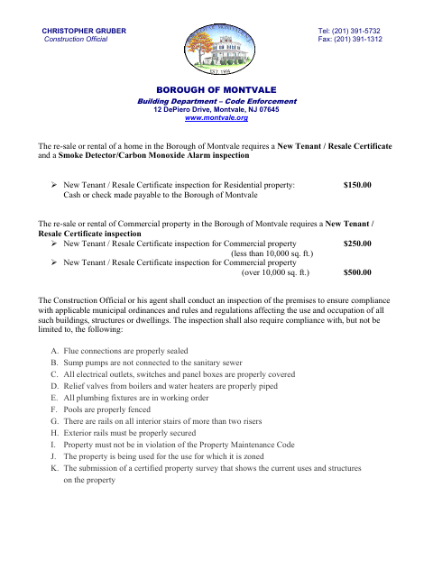 First page of the New Tenant / Resale Certificate