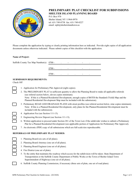 First page of the Preliminary Plat Application for Subdivisions