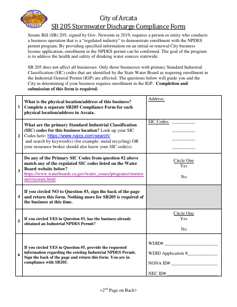 First page of the SB 205 Stormwater Discharge Compliance Form
