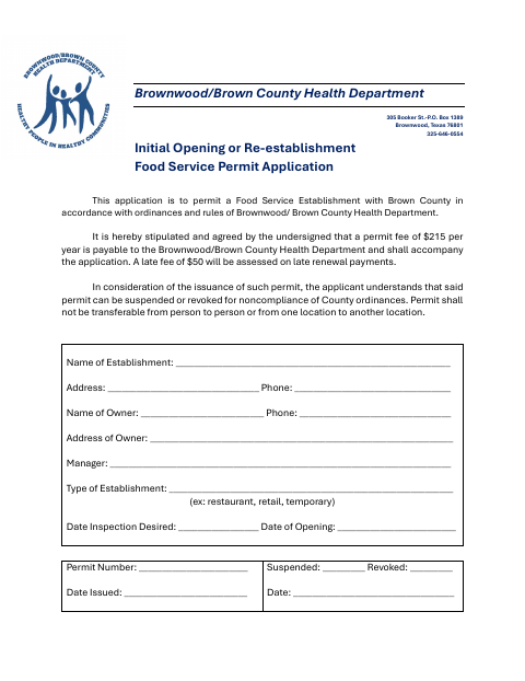 First page of the Initial Opening or Re-establishment Food Service Permit Application
