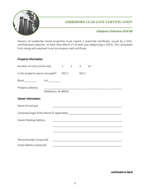 First page of the Lead Safe Certification