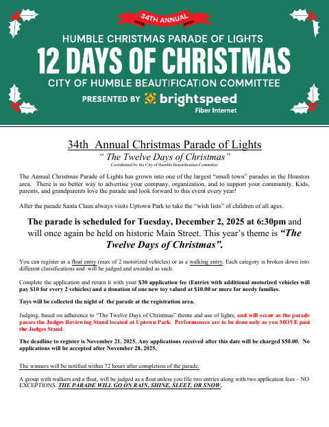 First page of the Christmas Parade Registration