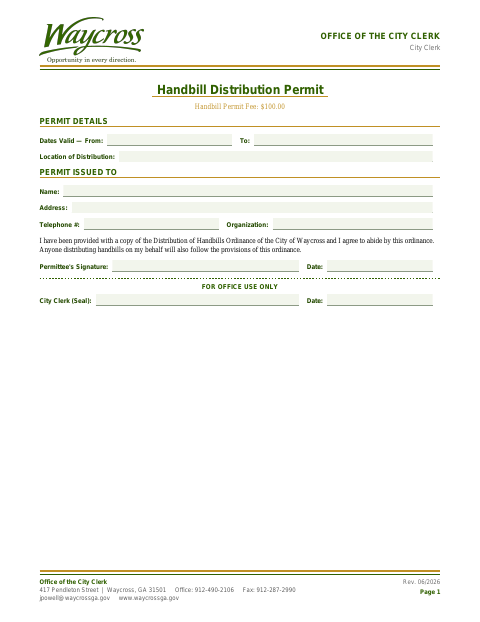 First page of the Handbill Distribution Permit Application