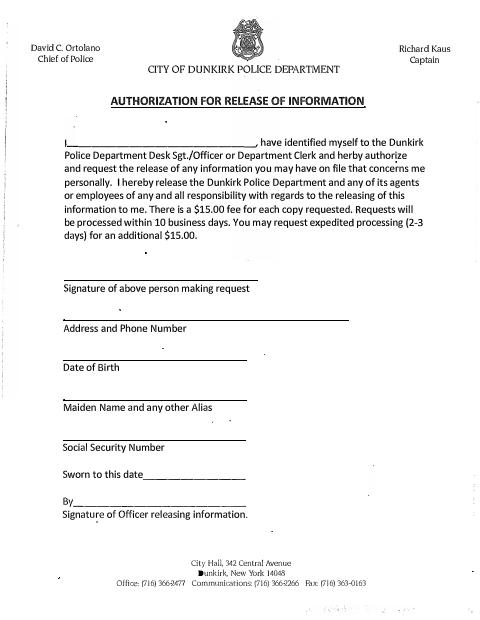 First page of the Police Department Authorization for Release of Information (Background Check)