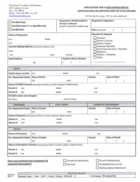 First page of the Application for a Non-Genealogical Certification or Certified Copy of a Vital Record