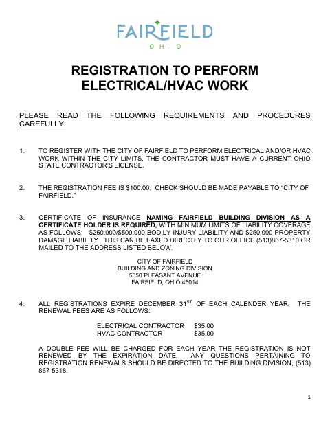 First page of the Registration to Perform Electrical/HVAC Work