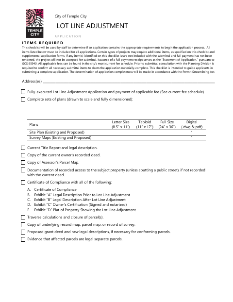 First page of the Lot Line Adjustment Application Items Required