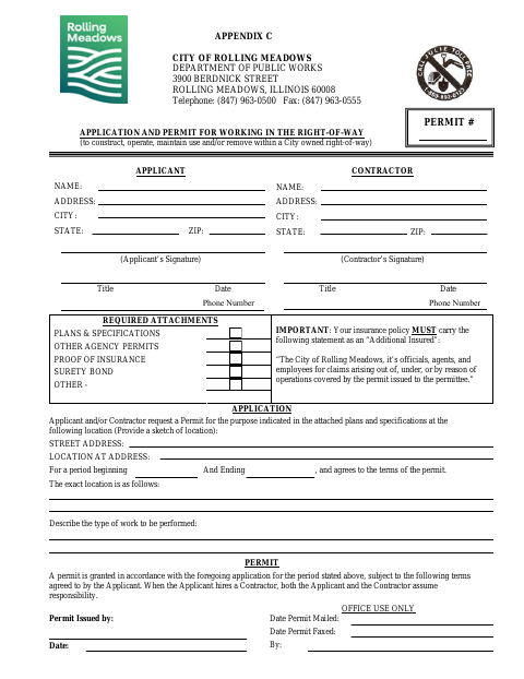 First page of the Application and Permit for Working in the Right-of-Way