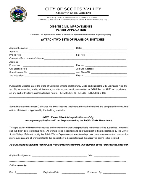 First page of the On-Site Civil Improvements Permit Application