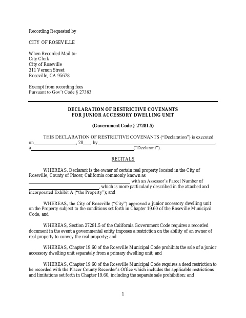 First page of the Deed Restriction for Junior Accessory Dwelling Unit