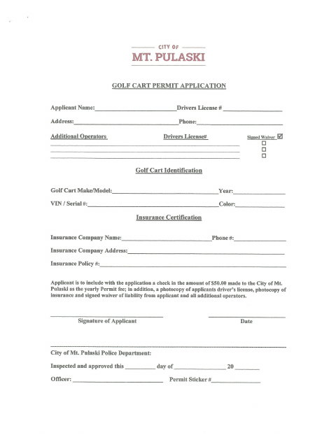 First page of the Golf Cart Permit Application