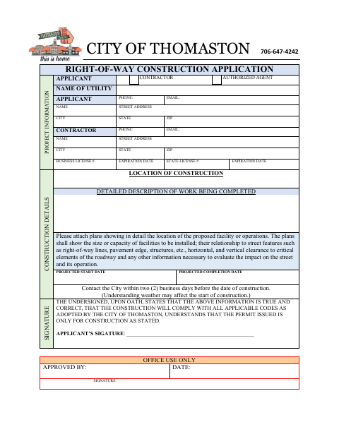 First page of the Utility and Right-of-Way Construction Permit Application