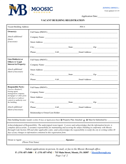 First page of the Vacant Building Registration