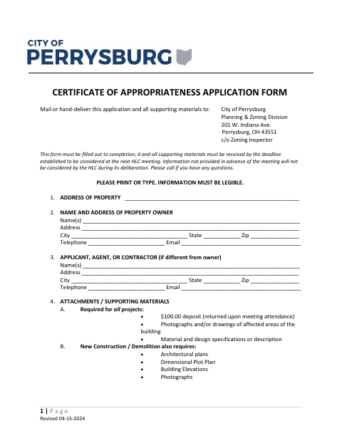 First page of the Certificate of Appropriateness Application