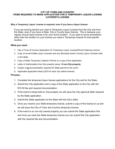 First page of the Temporary Liquor License Application