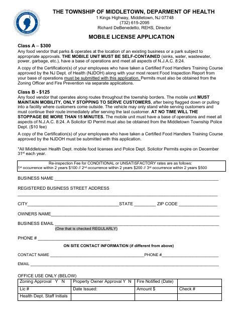 First page of the Mobile License Application