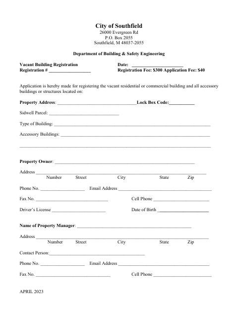 First page of the Vacant Building Registration