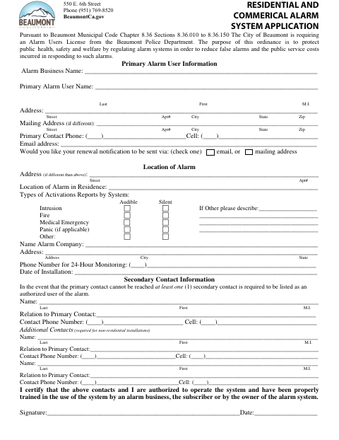 First page of the Alarm Users License Application