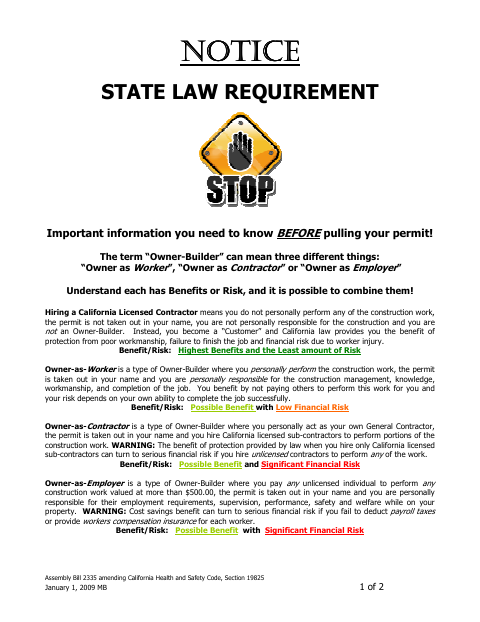 First page of the Owner-Builder Acknowledgment and Information Verification Form