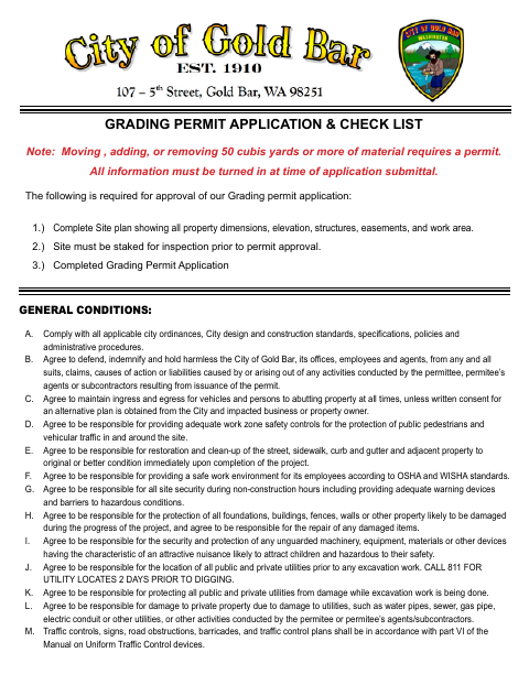 First page of the Grading Permit Application & Checklist