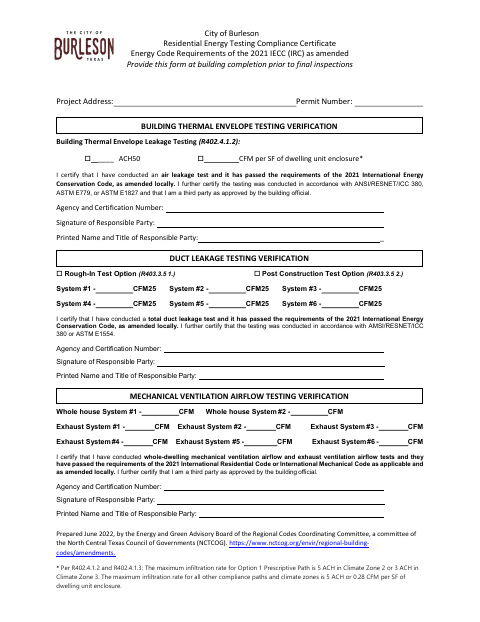 First page of the Residential Energy Testing Compliance Certificate