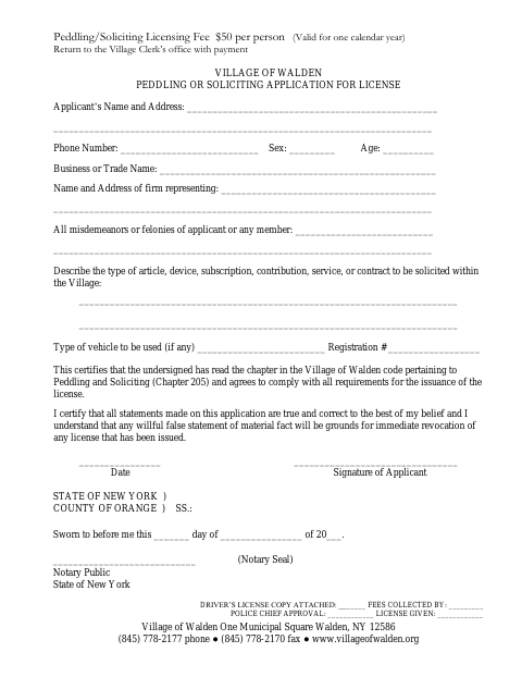 First page of the Peddling or Soliciting License Application