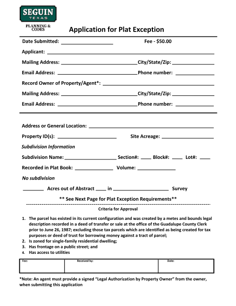 First page of the Application for Plat Exception
