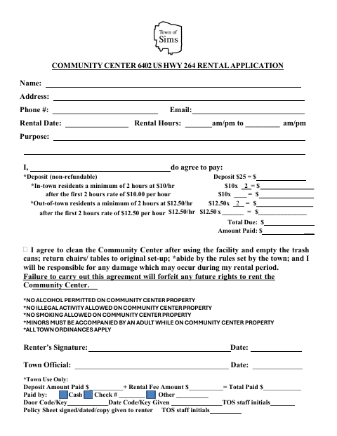 First page of the Community Center Hwy 264 Rental Application
