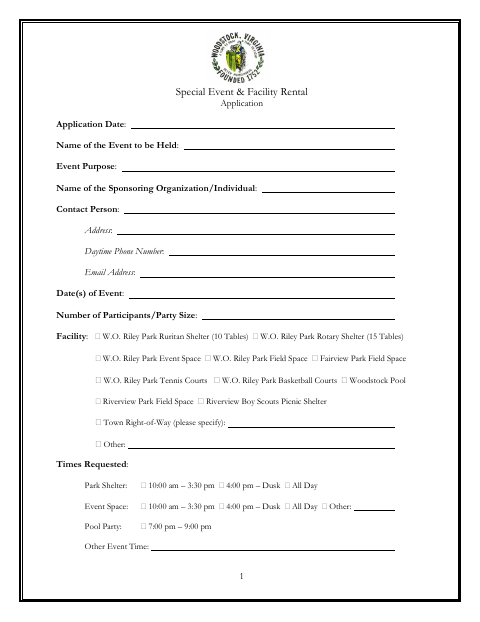 First page of the Special Event & Facility Rental Application