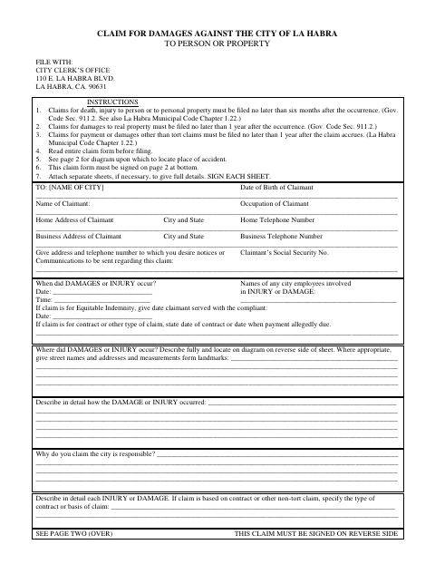 First page of the Claim For Damages To Person Or Property