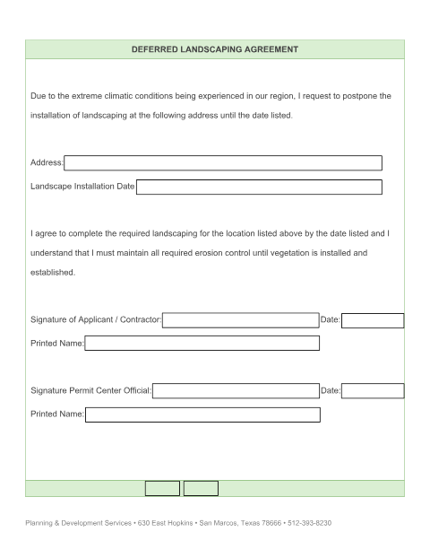 First page of the Deferred Landscaping Agreement