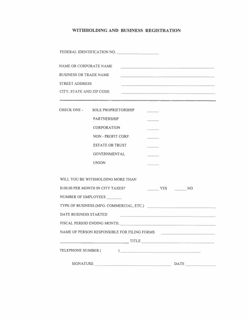 First page of the Withholding and Business Registration