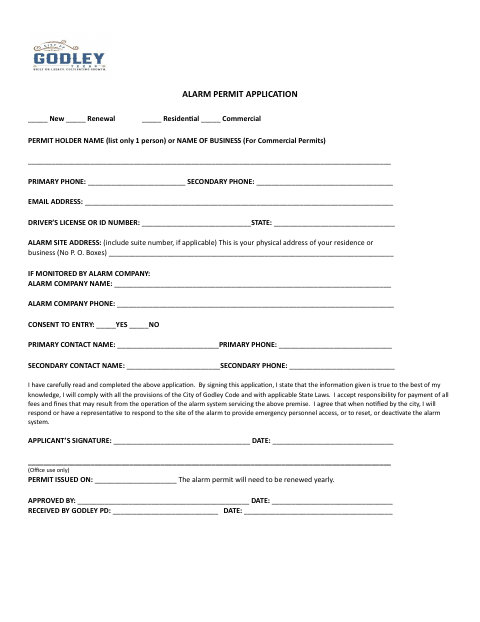 First page of the Alarm Permit Application